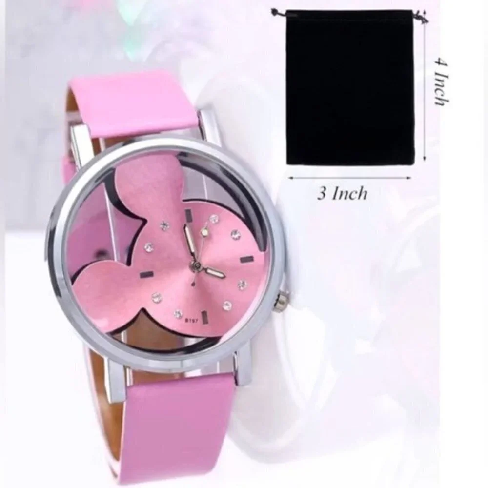 Minnie Mouse Watch Clear Face Quartz Adjustable Band Barbie Pink One Size
